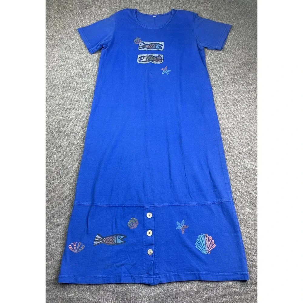 Focus Maxi‎ Dress Vest Set Women Large Blue Cotton Coastal Fish Shell Vintage